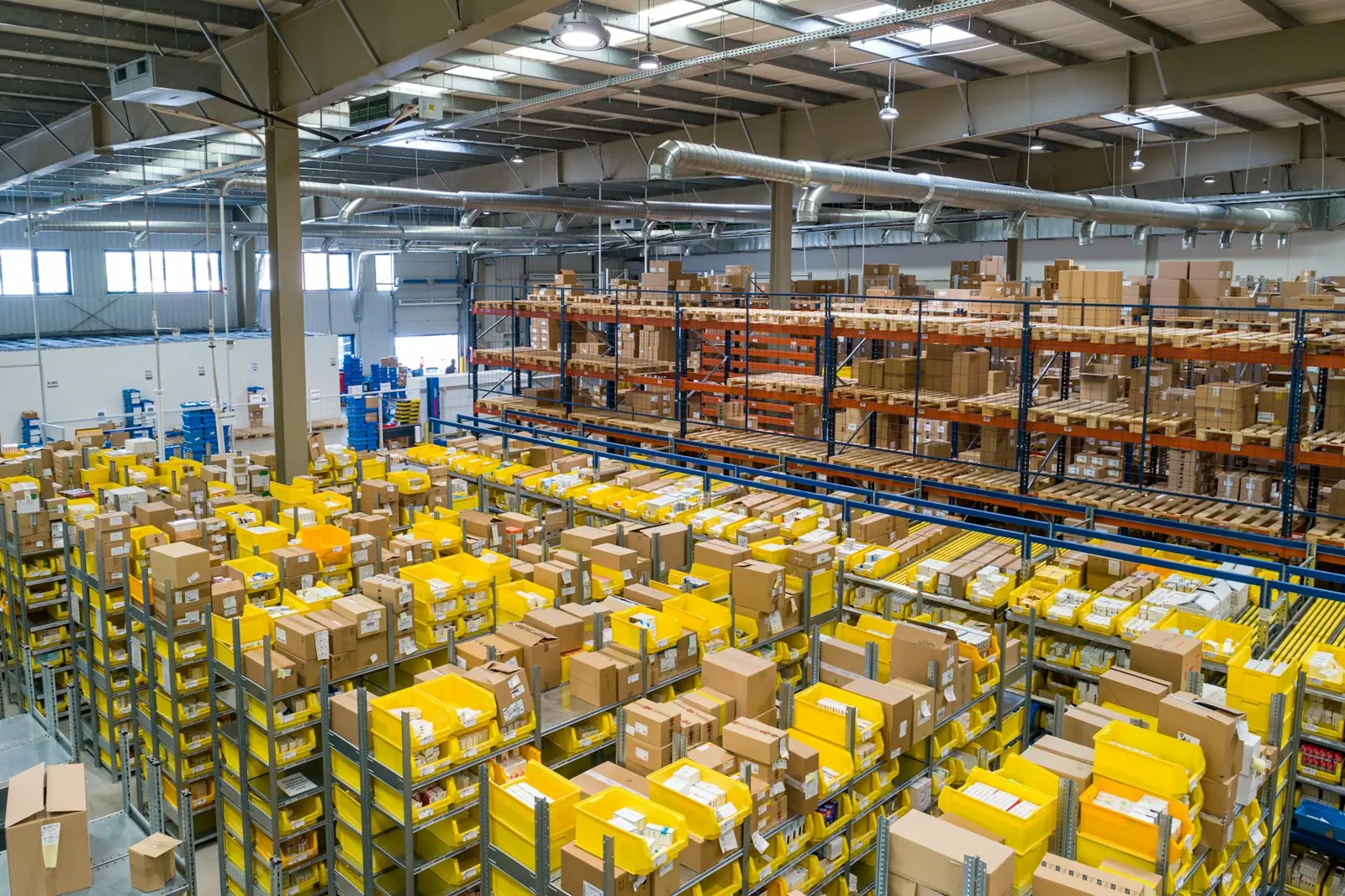 Warehouse with shelves of packed orders