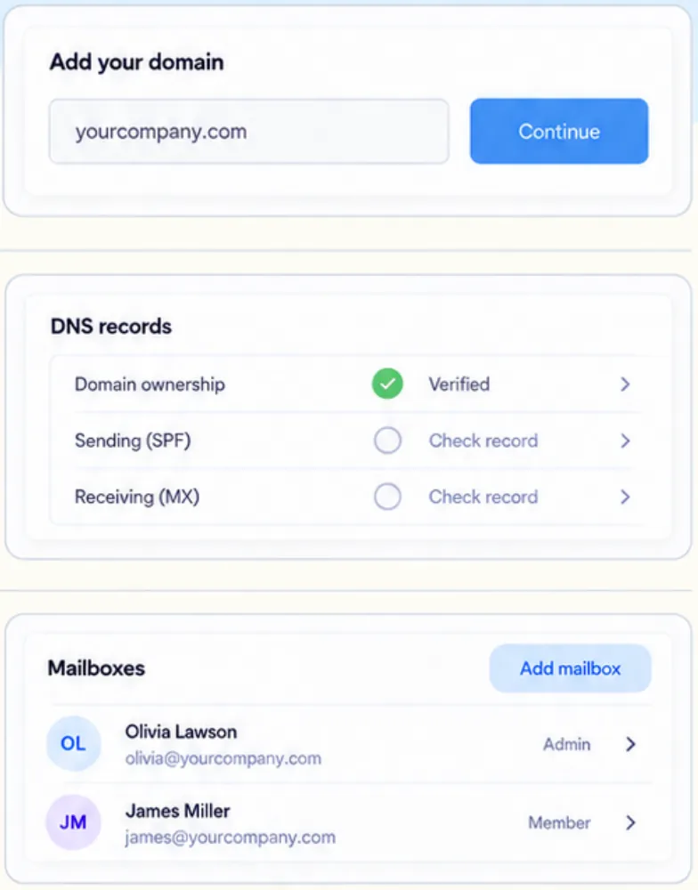 Clario domain setup: domain, DNS records and mailboxes