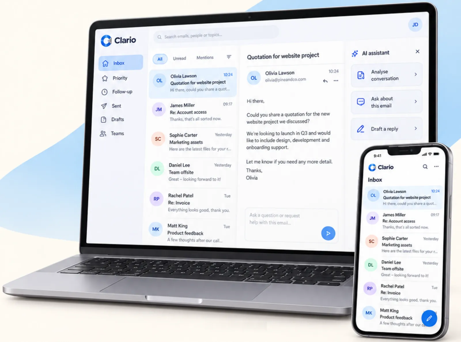 Clario inbox with the AI assistant on laptop and phone