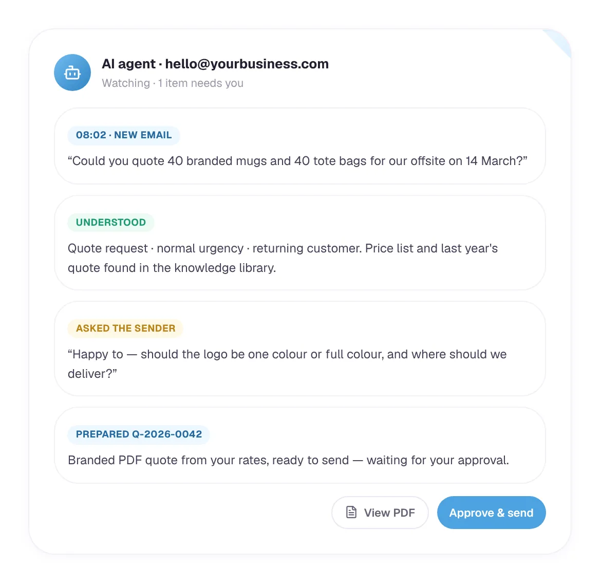 Clario AI agent card: a quote request understood, a question asked and a quote prepared for approval