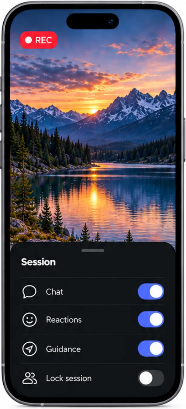 Session controls on a phone: chat, reactions, guidance and lock session