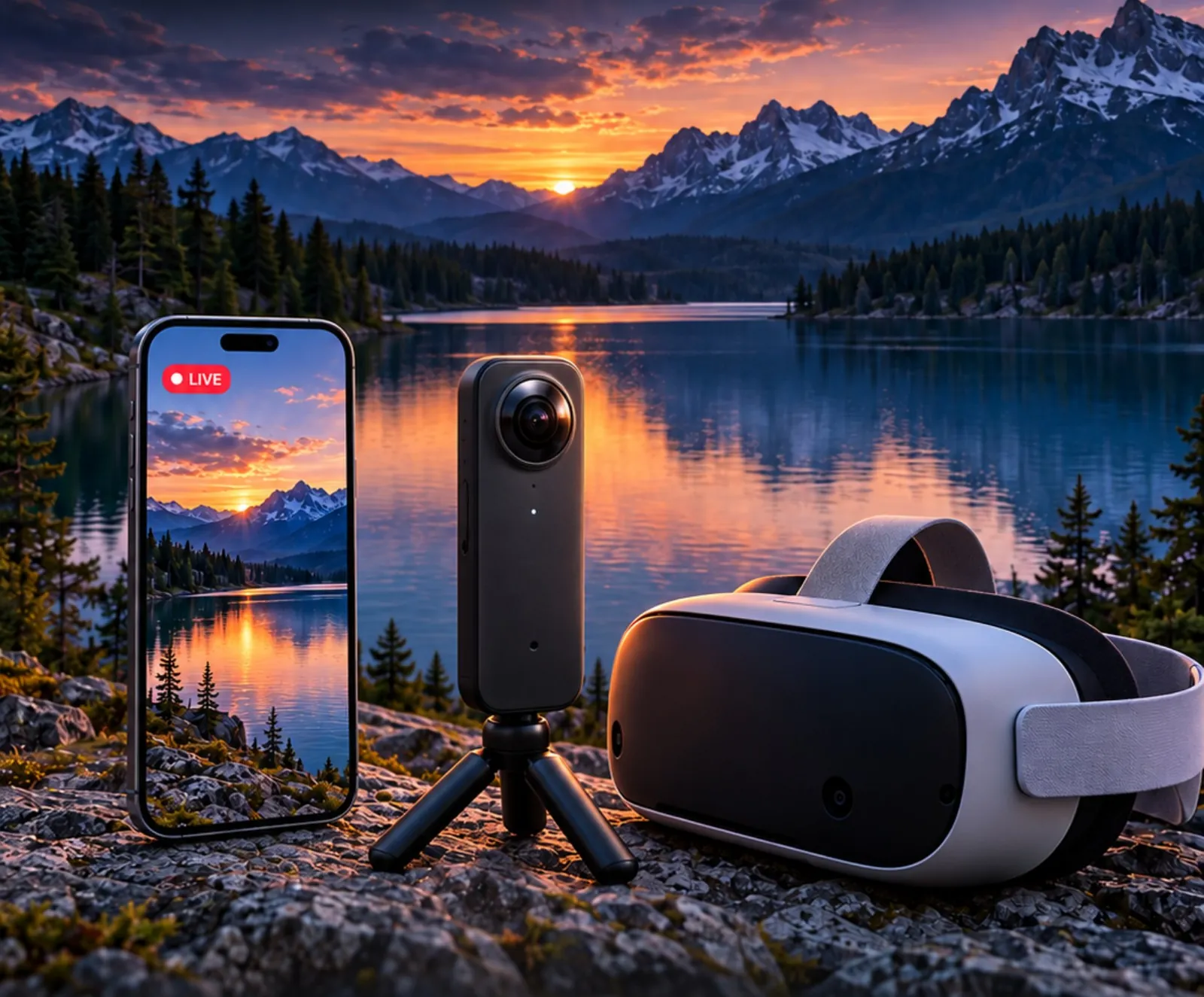 Phone streaming live, a 360° camera and a VR headset at a mountain lake