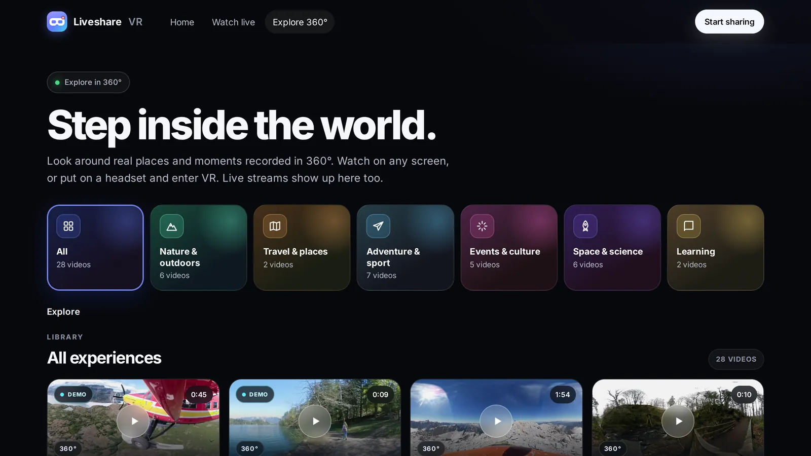 Liveshare VR Explore library with 360° categories