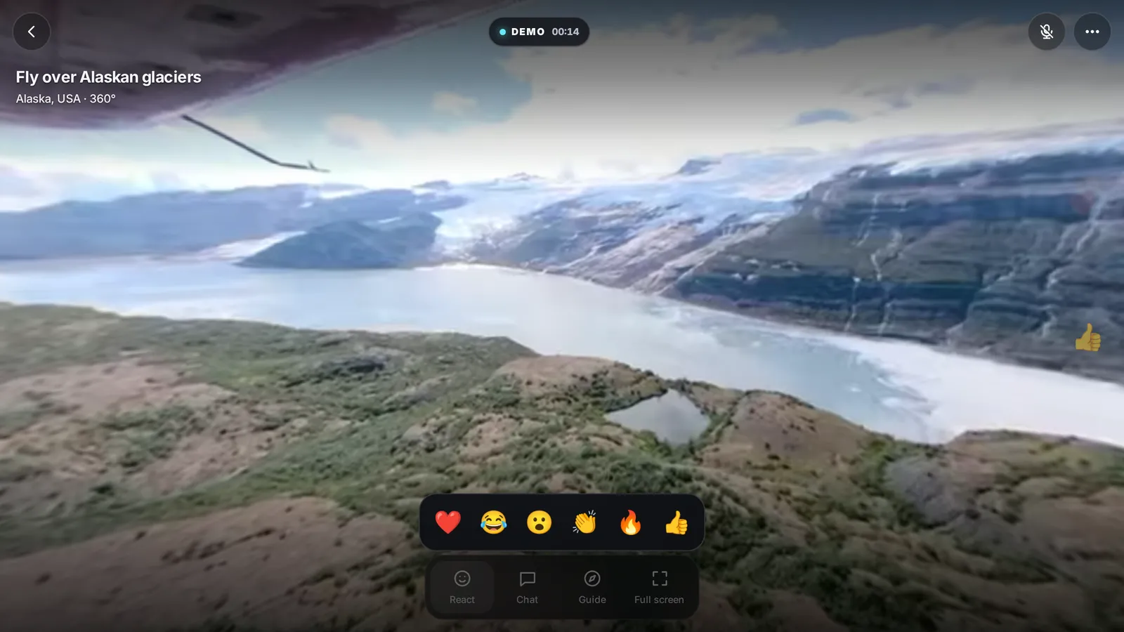 Liveshare VR player showing a 360° flight over Alaskan glaciers with reactions