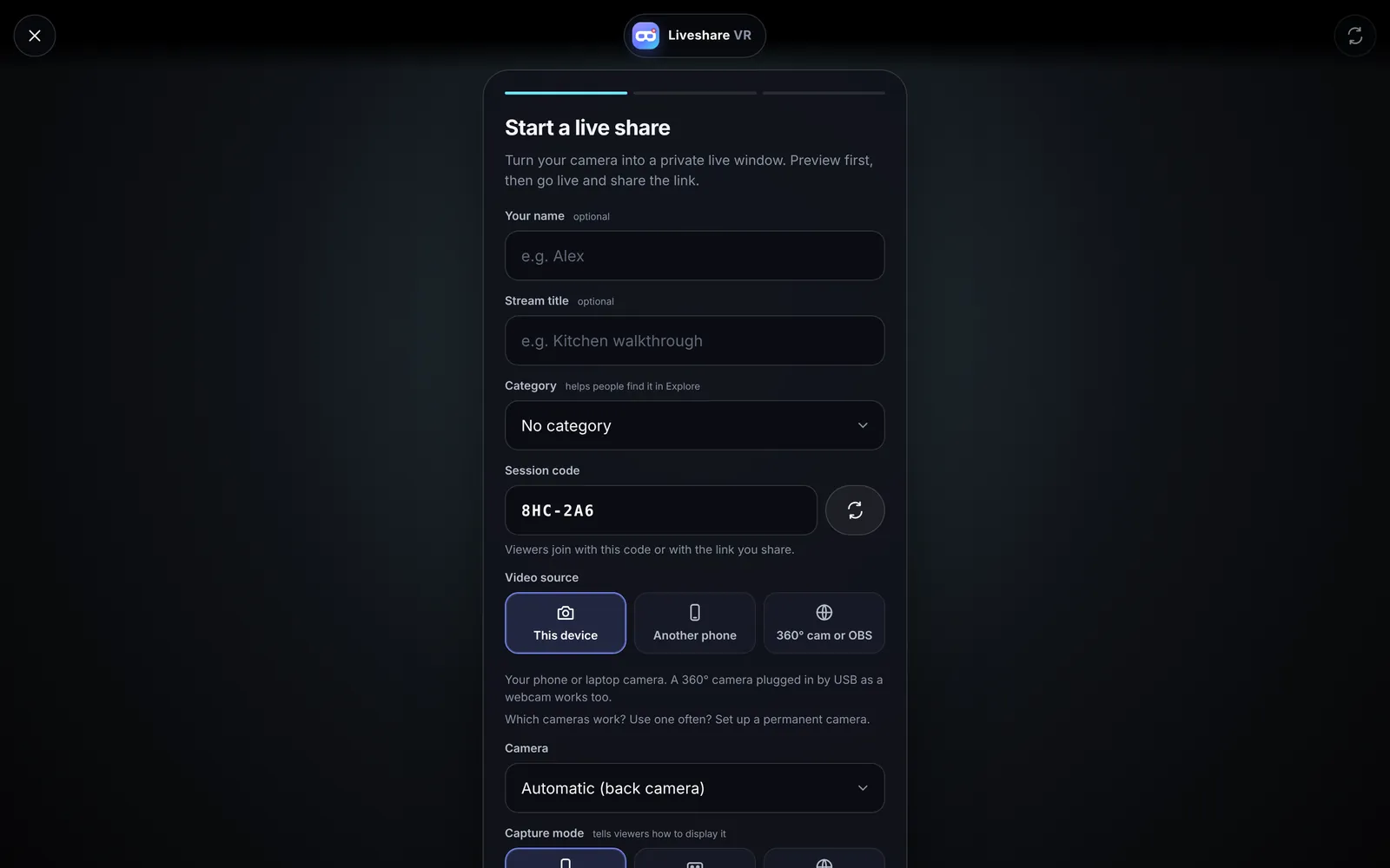Liveshare VR stream setup screen