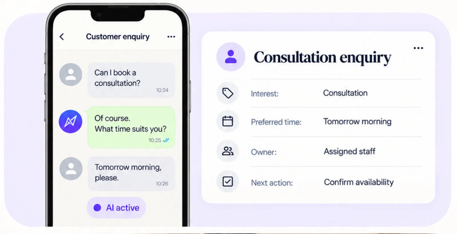 A WhatsApp chat turning into a consultation enquiry lead card