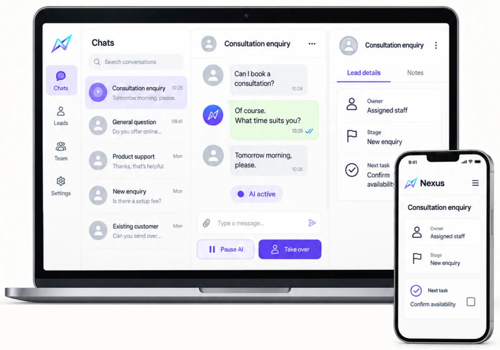 Nexus dashboard with chats, conversation and lead details on laptop and phone