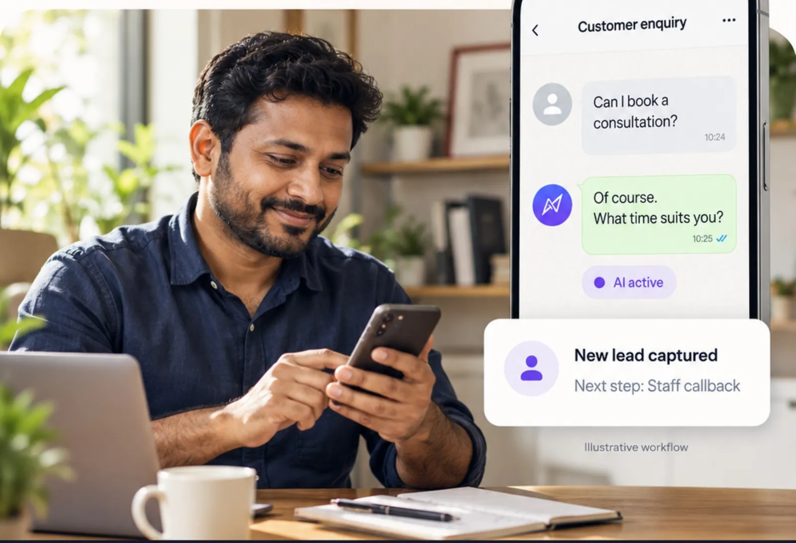 A business owner receiving an enquiry on WhatsApp with a new lead captured by Nexus