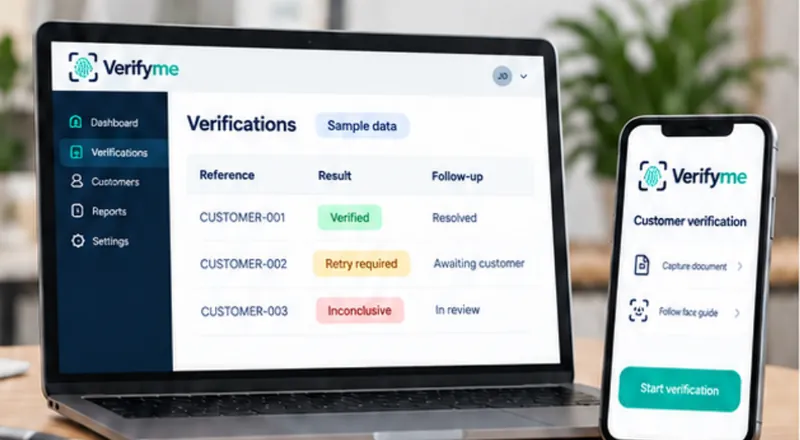 Verifyme verifications workspace on a laptop and the customer flow on a phone
