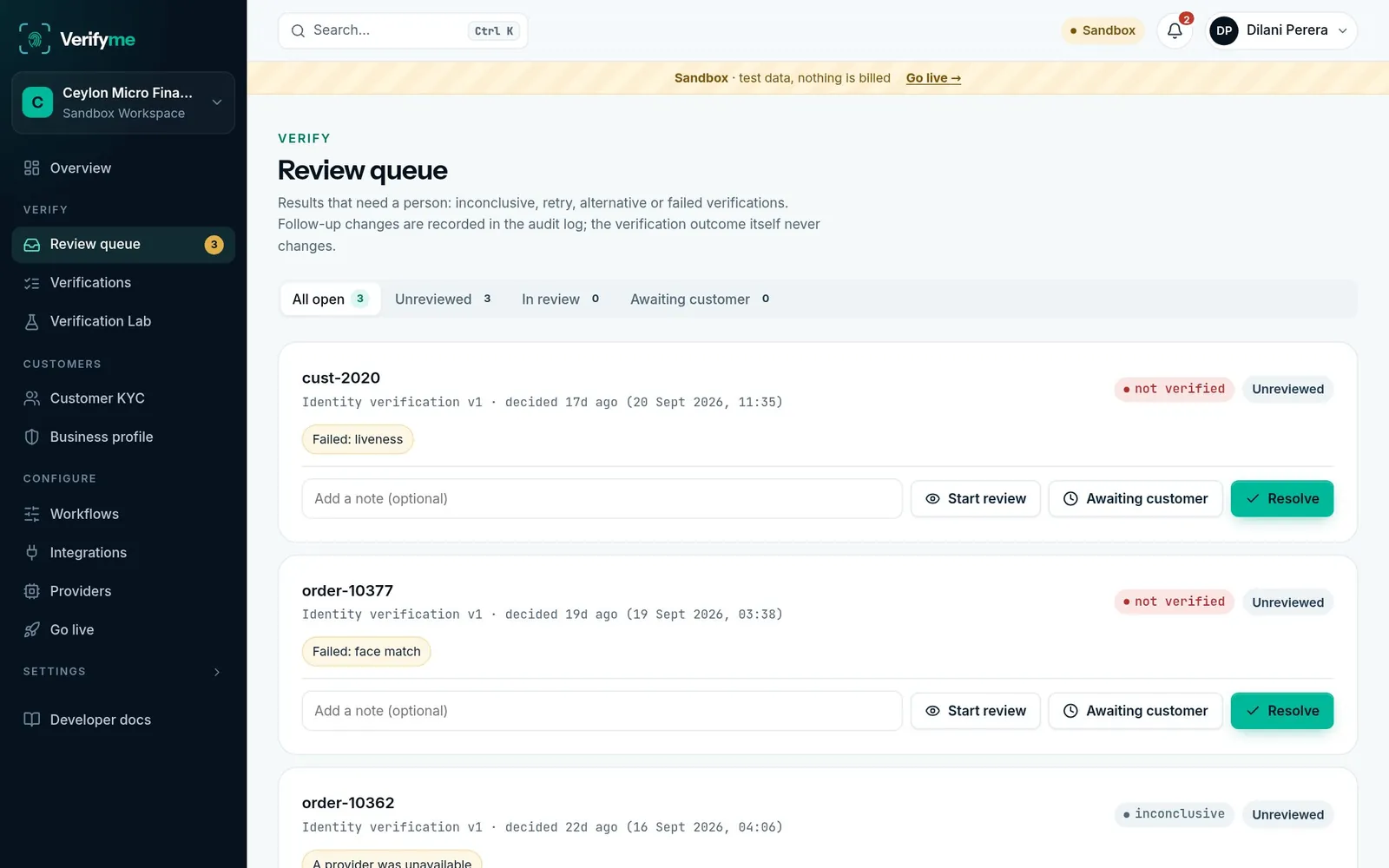 Verifyme review queue