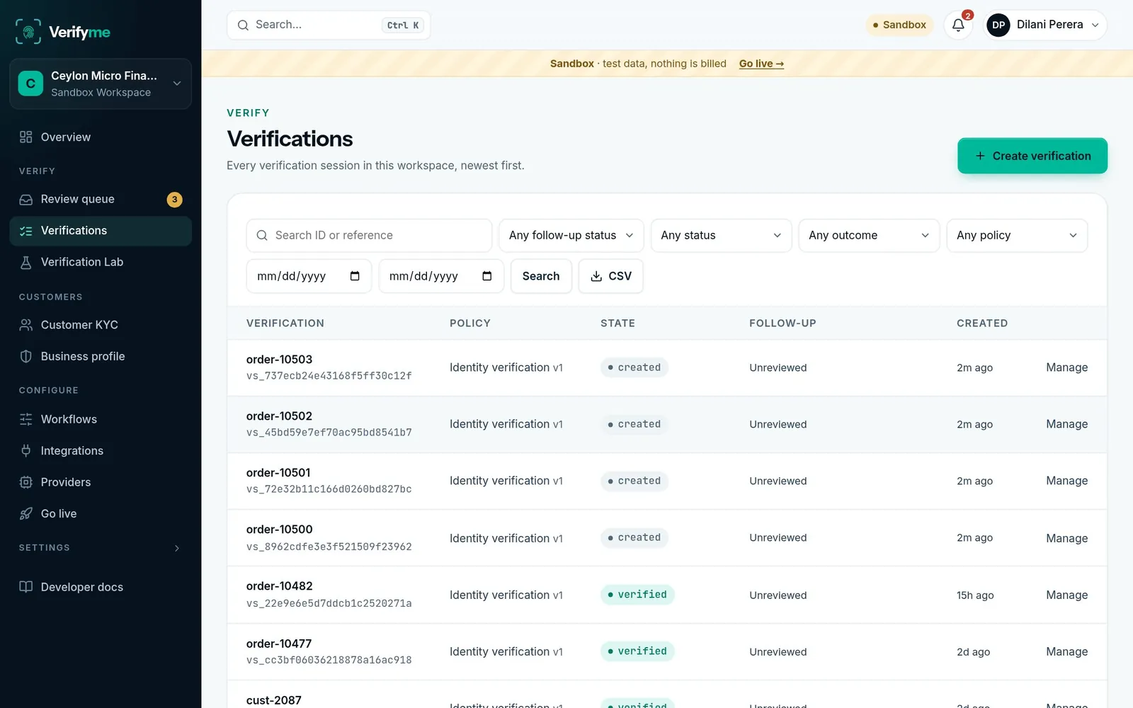 Verifyme verifications list with filters